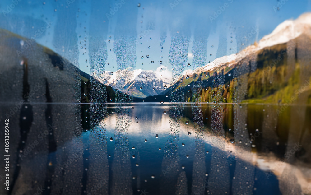 Poster A view of a snow-capped mountain reflected in a lake through a rain-streaked window.