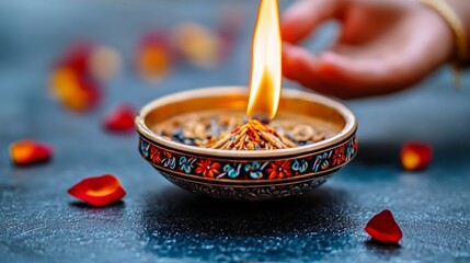 Burning Incense in Ornate Bowl with Red Rose Petals