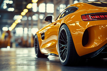 A bright yellow sports car with black wheels and a black spoiler, parked in a garage with a blurred background