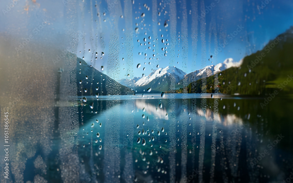 Poster A view of a mountain lake and snow-capped peaks through a rain-streaked window.
