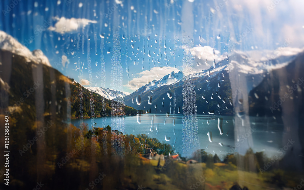 Poster A view of a mountain range and a lake through a window covered in raindrops.