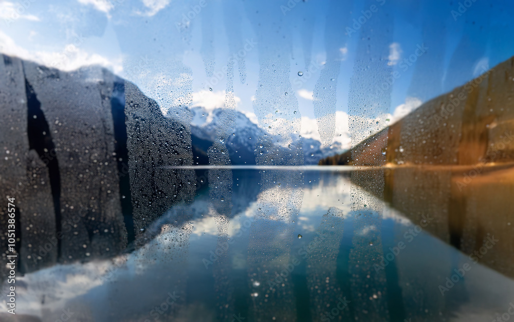 Poster a view of a mountain lake through a wet window pane. the reflection of the blue sky and snow-capped 