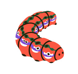 Fat caterpillar crawling. Thick bright insect. Butterfly larva. Cute fleshy grub, spotted and striped body pattern. Tropical larval fauna. Flat vector illustration isolated on white background