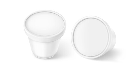 Ice cream plastic cup mockup. White yogurt package mock up. Food container with lid top and side view template. Blank dessert jar for gelato or sauce product. Empty dairy bucket pack isolated design