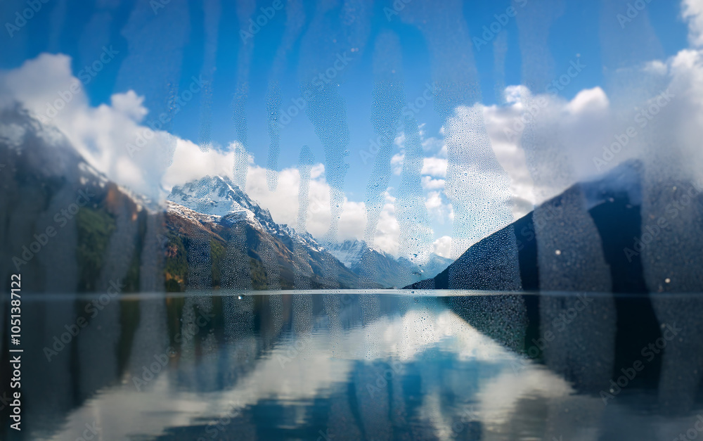 Poster a view of a mountain range reflected in a still lake, with a cloudy sky above.