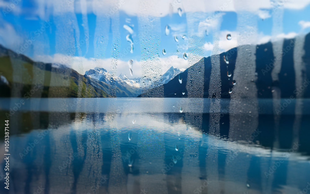 Poster A view of a mountain range with a lake in the foreground is seen through a window with rain drops on it.