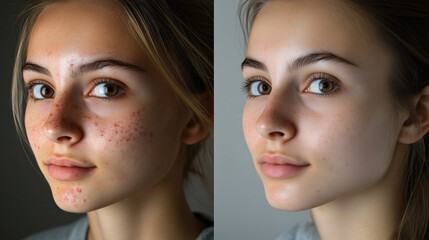 Fototapeta premium Transformative Before and After Acne Skin Photo Showcasing the Efficacy of Acne Treatment Products for Effective Marketing