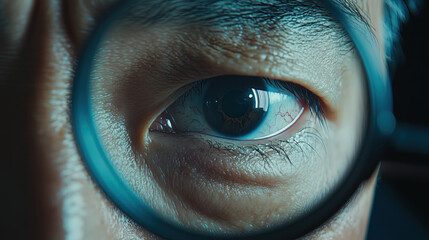 Close-up of the eye through which an Asian man is looking at something with his magnifying glass, 