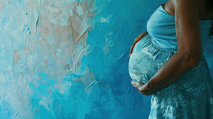 African American pregnant woman holding bulb on blue background, symbolizing creativity and inspiration in a serene seaside setting. Innovation, ideas, and contemplation in nature
