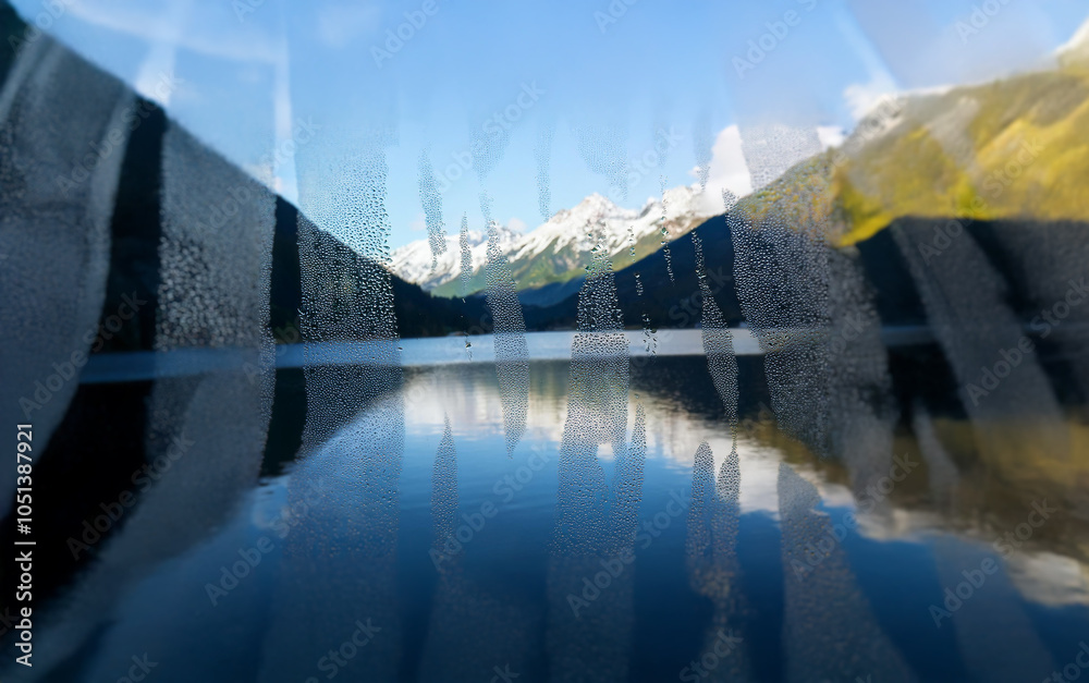 Poster A view of snow-capped mountains reflected in a still lake, with a blurred foreground suggesting a windowpane.