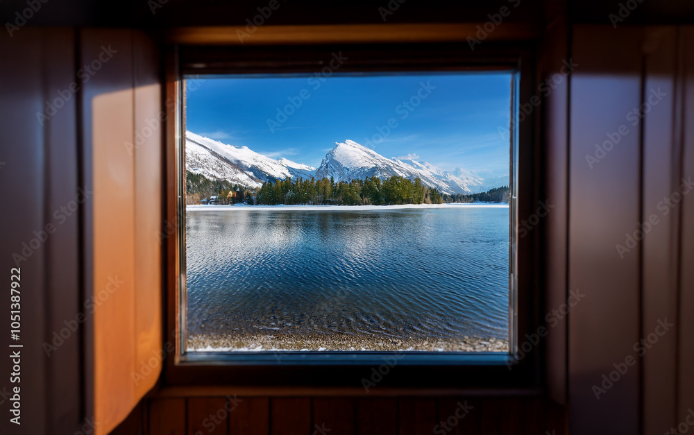 Aufkleber A view of a snow-capped mountain range reflected in a still lake, seen through a wooden window.