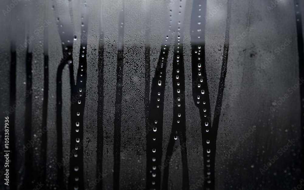 Poster rain streaks and water droplets cling to a windowpane, blurring the view beyond.