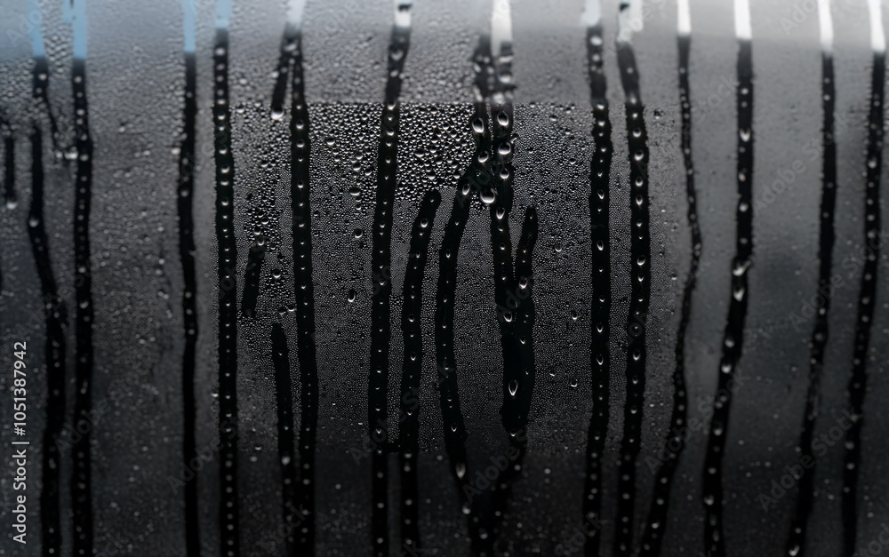 Fototapete Water droplets form vertical streaks on a window pane, creating an abstract pattern.