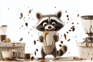 Playful raccoon holding big coffee cup