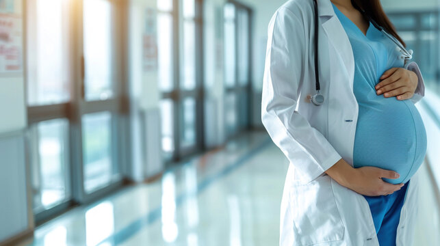 Care and resilience concept. Close-up bumb belly. Balancing healthcare duties with pregnancy. Pregnant doctor nurse in medical uniform in hospital setting, dedication and maternal strength. Copy paste