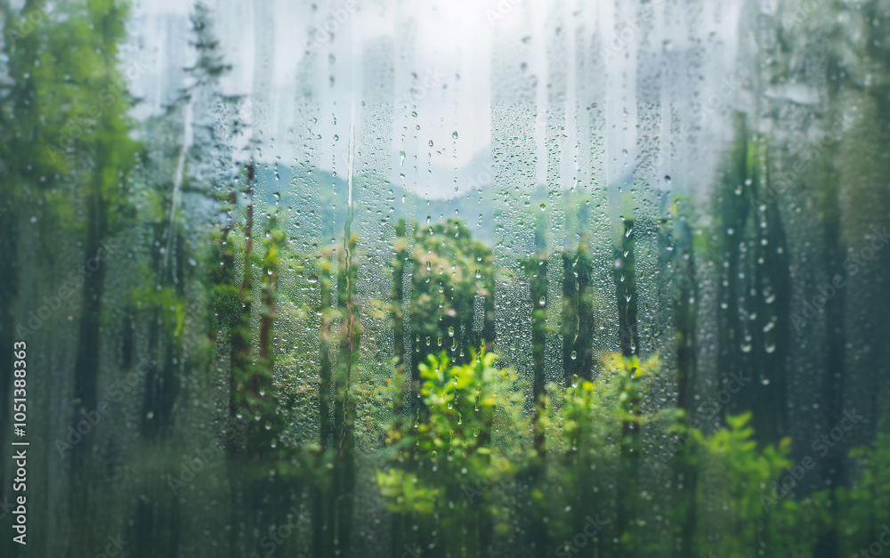 Aufkleber a view of a lush green forest seen through a window covered in rain drops.
