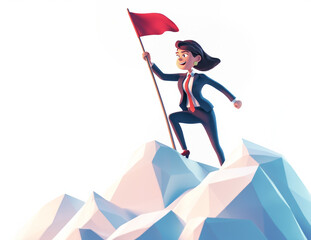 A cartoon businesswoman stands triumphantly on a mountain peak holding a red flag, symbolizing success. This image highlights achievement and victory.
