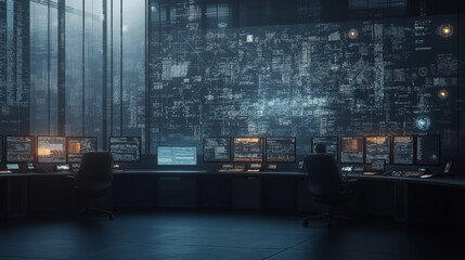 A computer room with a large monitor and several computer monitors