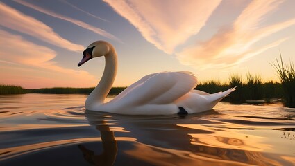 Immerse yourself in the tranquil beauty of this high-quality image capturing a swan gliding gracefully through rippling water under a stunning golden hour sky. 
