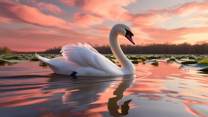 Fototapeta premium Immerse yourself in the tranquil beauty of this high-quality image capturing a swan gliding gracefully through rippling water under a stunning golden hour sky. 