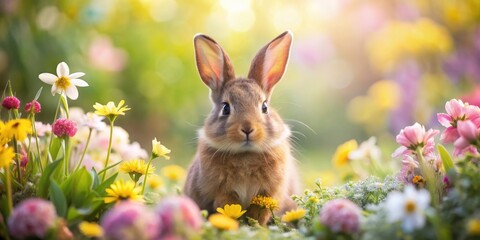 Fototapeta premium Cute rabbit surrounded by blooming flowers in a whimsical , rabbit, flowers, floral, cute, bunny, animals, nature, whimsical,garden