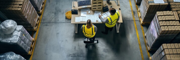 Obraz premium Warehouse Operations Logistics team manages inventory efficiently, focusing on teamwork, inventory control, order fulfillment, and supply chain management while ensuring safety and efficiency