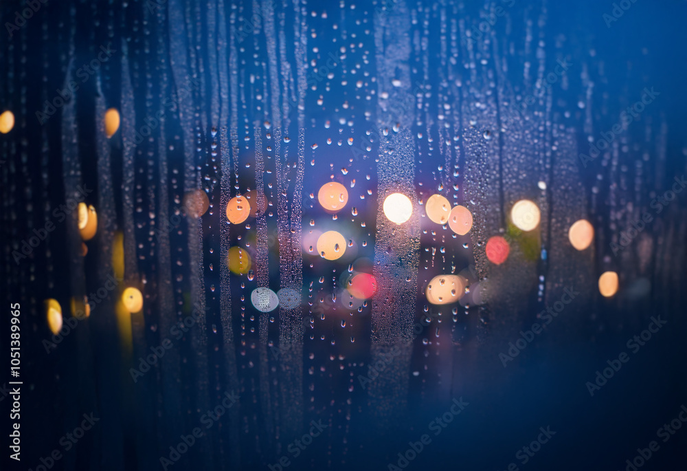 Aufkleber rain falls on a window pane, creating a blurry view of city lights.