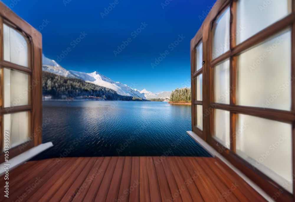 Poster open wooden windows frame a view of a lake with snow-capped mountains in the distance. the wooden de