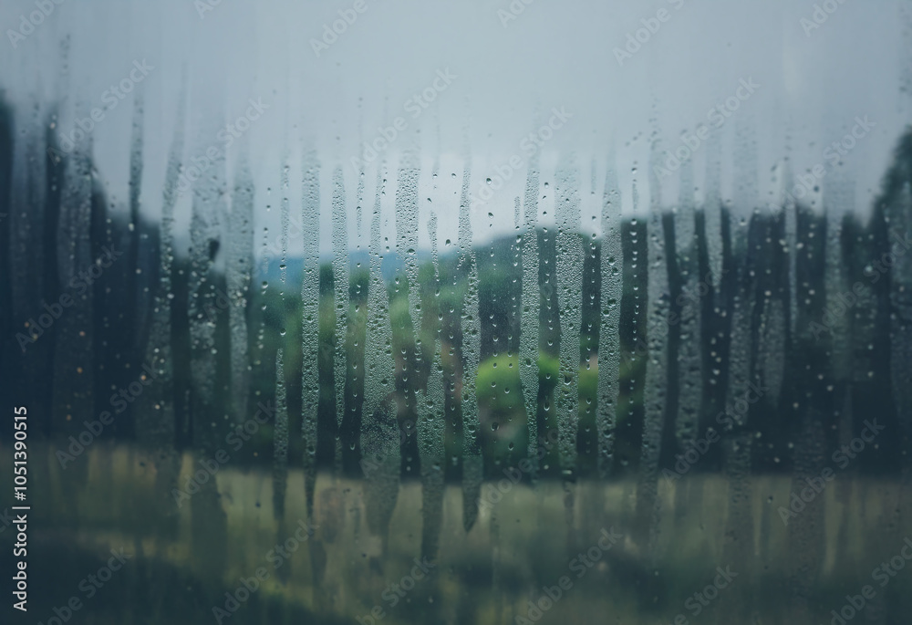 Poster a blurry view of a landscape through a window covered in condensation.