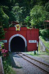 Obraz premium Entrance of a railway tunnel with red brick facade surrounded by lush greenery.