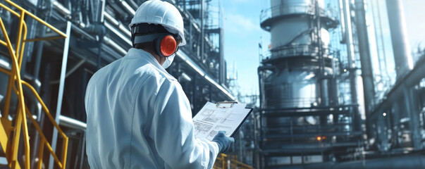 Engineer with blueprints assessing industrial facility