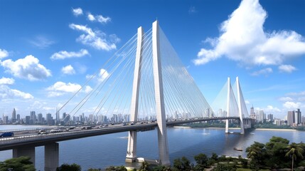 Fototapeta premium Modern Cable Stay Bridge Over River With City Skyline