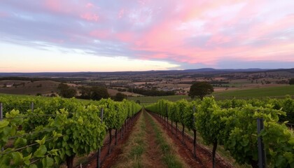 Fototapeta premium Vineyard Rows with a Pink Sunset Over Rolling Hills