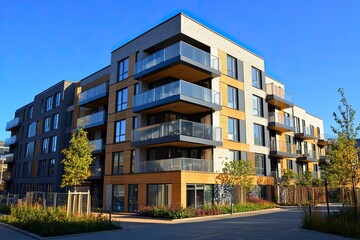 Modern apartment building against a clear blue sky. Residential building architecture. Urban real estate. New build block of flats. Modern living neighbourhood. generative ai