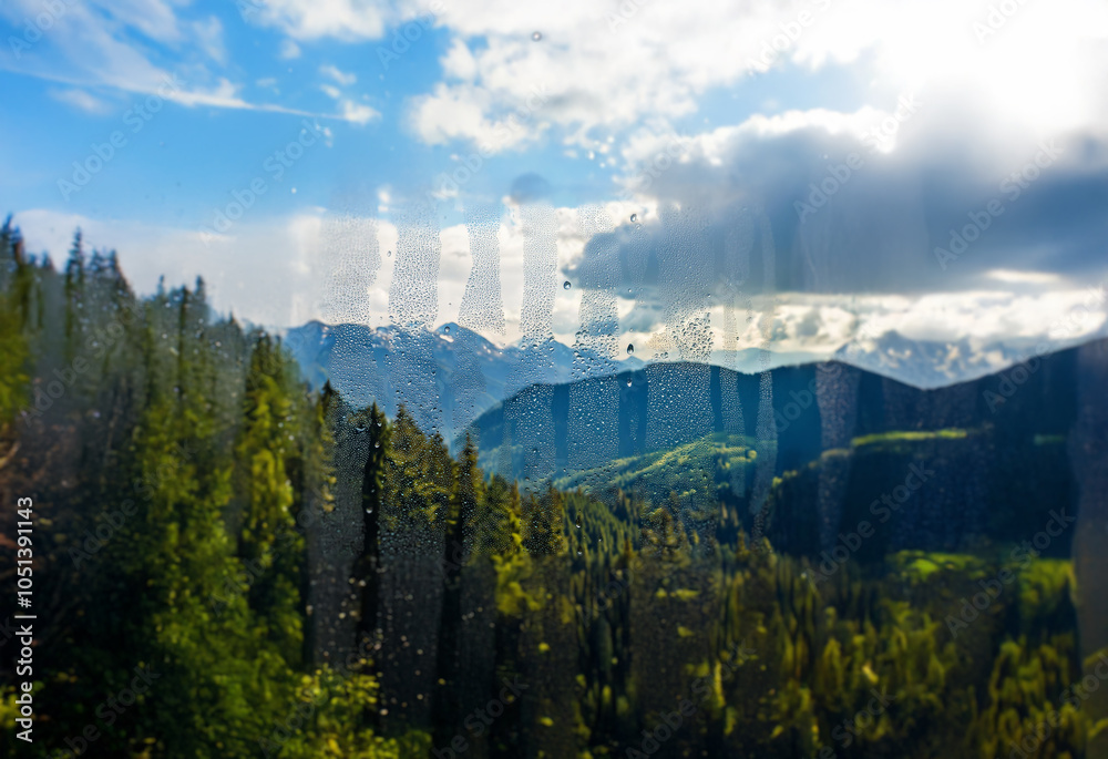 Poster a scenic view of rolling green hills with snow-capped mountains in the distance, a hint of blue sky 