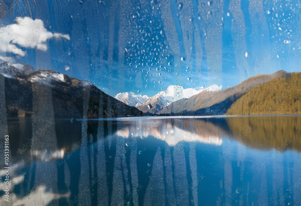 Poster A view of a lake and mountains seen through a window covered in raindrops.