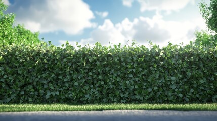 Lush Green Hedge in English Garden with Blue Sky and Clouds