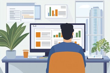 Fototapeta premium Modern Office Desk Setup with 2025 Revenue Plan and Growth Strategy Documents in Flat Design Style for Text Insertion