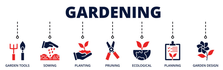 Gardening banner web icon for business with garden tools, sowing, planting, pruning, ecological, planning, garden design