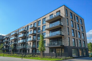 Modern apartment building against a clear blue sky. Residential building architecture. Urban real estate. New build block of flats. Modern living neighbourhood. generative ai