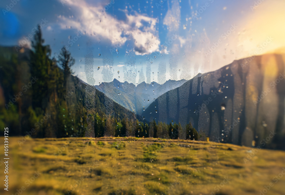 Poster A mountain range viewed through a window with raindrops.