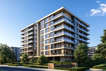 Fototapeta premium Modern apartment building against a clear blue sky. Residential building architecture. Urban real estate. New build block of flats. Modern living neighbourhood. generative ai