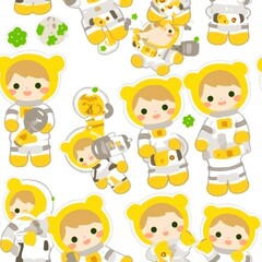 Seamless pattern of cute astronaut bears in spacesuits with a hammer and a space object.