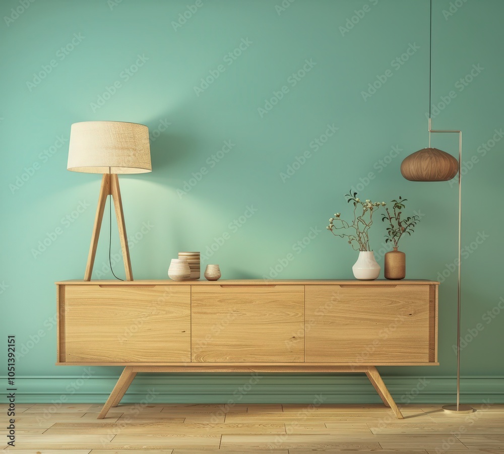 Wall mural a light wood sideboard with three doors sits against a teal wall with two lamps and potted plants on