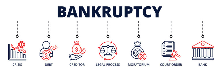 Bankruptcy banner web icon for business with crisis, debt, creditor, legal process, moratorium, court order, bank