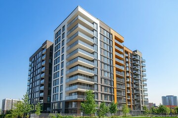 Fototapeta premium Modern apartment building against a clear blue sky. Residential building architecture. Urban real estate. New build block of flats. Modern living neighbourhood. generative ai
