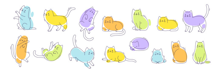 Obraz premium Outline cute cats set. Vector kitten poses collection. Colorful sketch cats bundle.