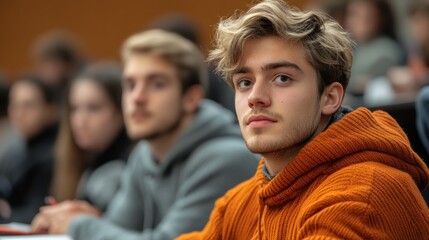 Obraz premium Young Man with Blonde Hair in Orange Hoodie Looking to the Side