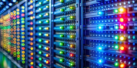 Naklejka premium A symphony of colored lights illuminate rows of data storage units within a vast server room.