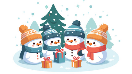 A cute snowman family wearing scarves and hats, exchanging gifts under a snow-covered pine tree. Their carrot noses and coal smiles express joy 2